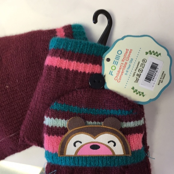 Foemo Toddler Knitted Fingerless Gloves- Green/Burgundy- Size: 5-8yrs - Picture 2 of 3